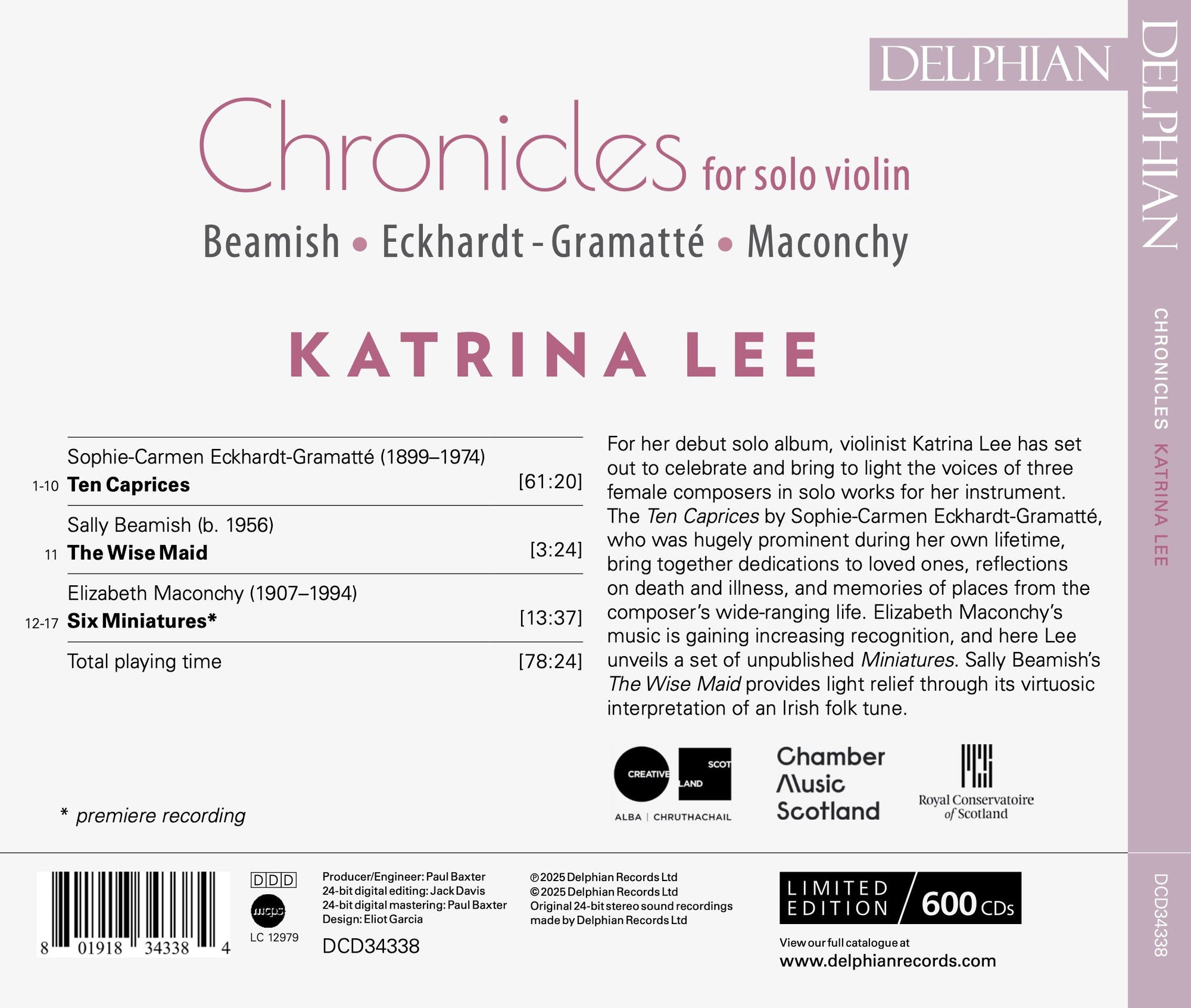 Chronicles for solo violin: Beamish | Eckhardt-Gramatté | Maconchy CD Delphian Records