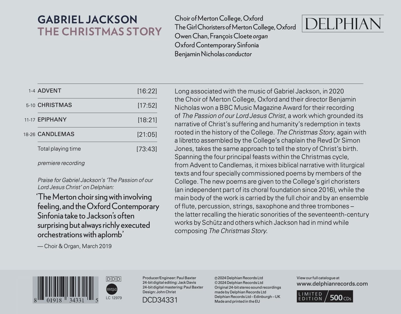 Gabriel Jackson: The Christmas Story CD Delphian Records