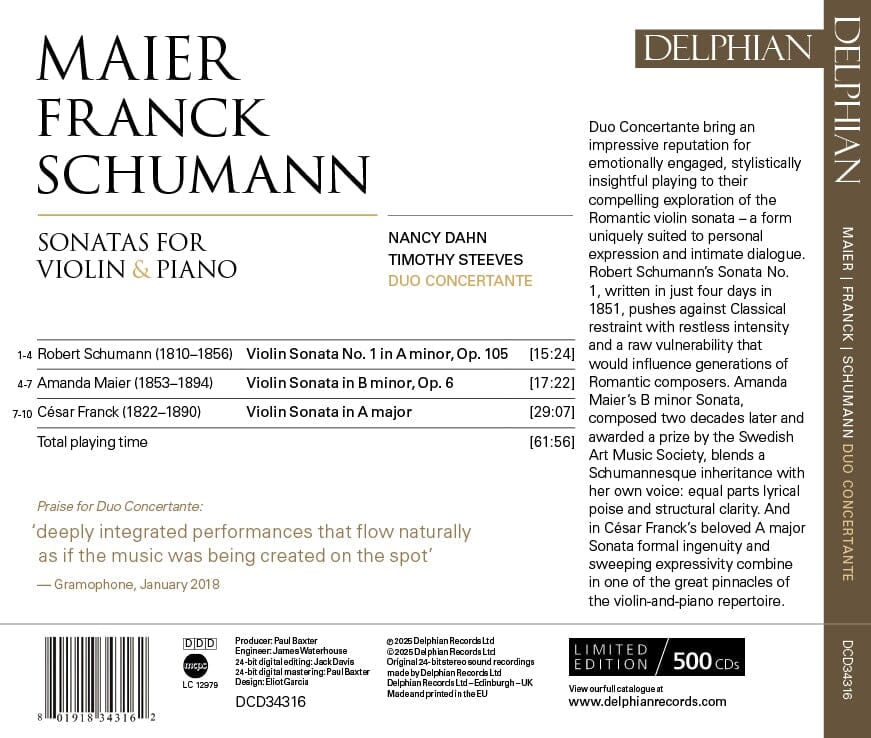 Maier | Franck | Schumann: Sonatas for Violin & Piano CD Delphian Records