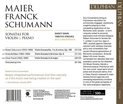 Maier | Franck | Schumann: Sonatas for Violin & Piano CD Delphian Records