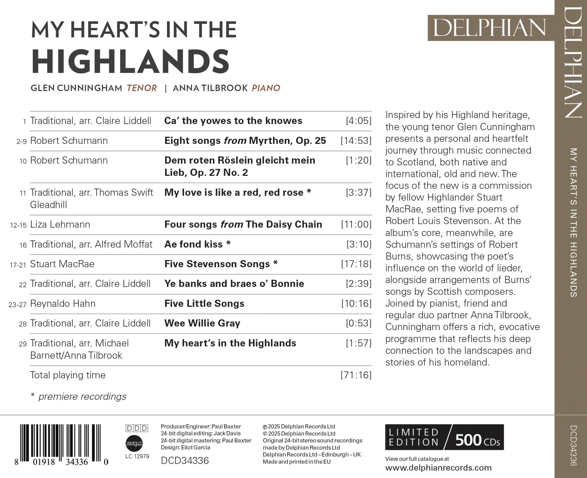 My Heart's in the Highlands: Burns | Hahn | Lehman | Schumann | MacRae CD Delphian Records