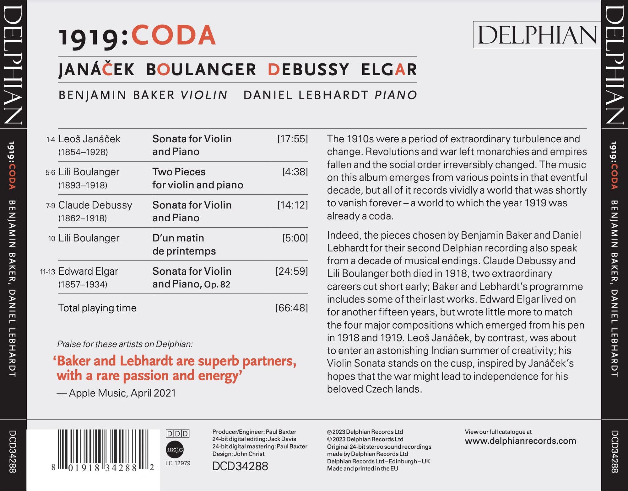 1919: Boulanger | Janáček | Elgar | Debussy CD Delphian Records