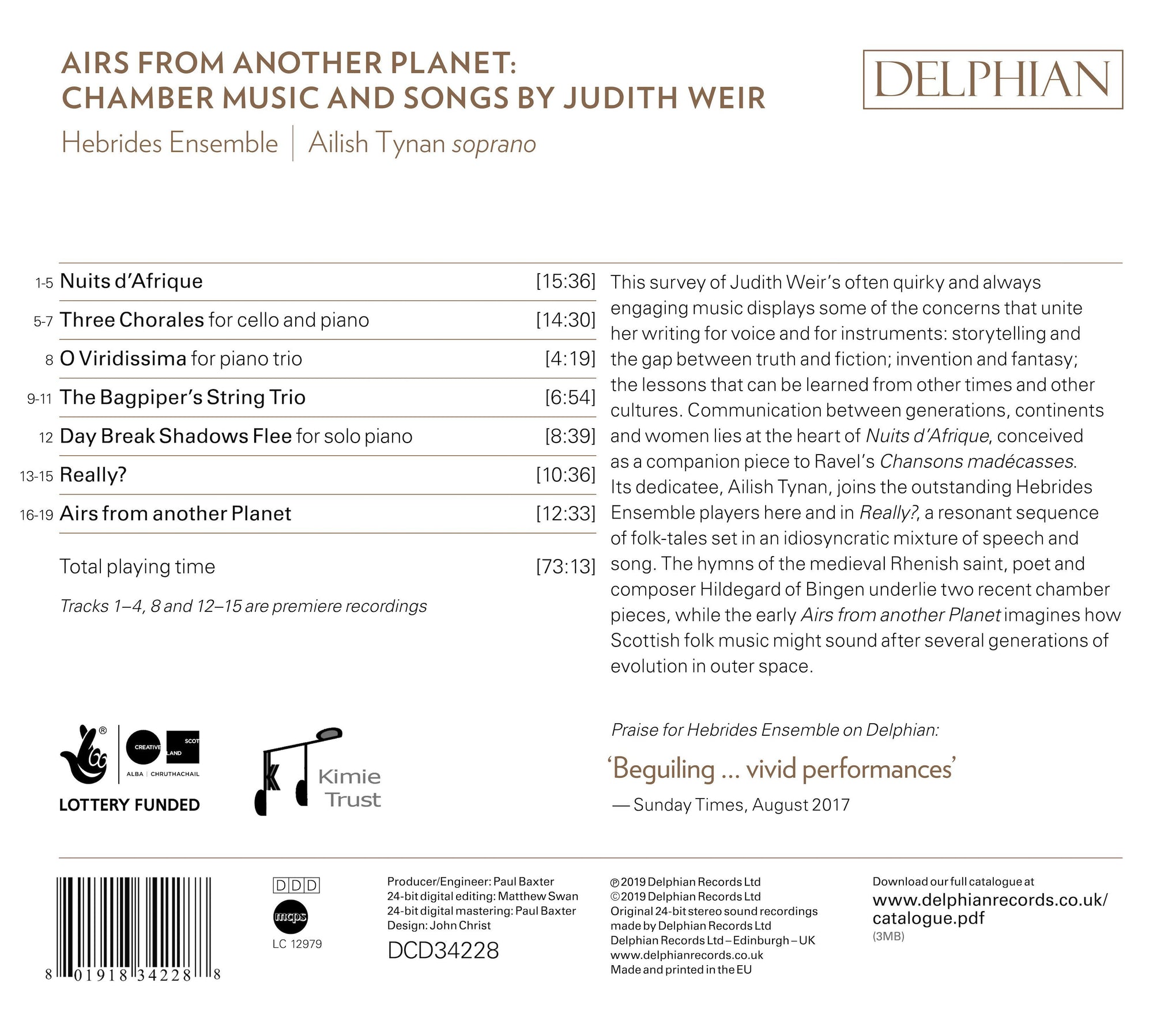 Airs from Another Planet: Chamber Music & Songs by Judith Weir CD Delphian Records