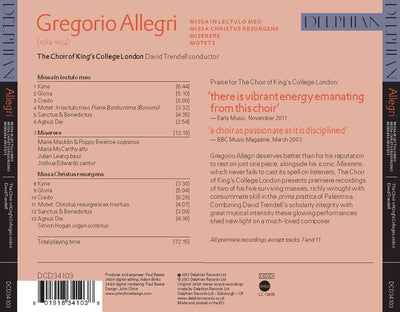 Allegri: Miserere; Masses & Motets CD Delphian Records