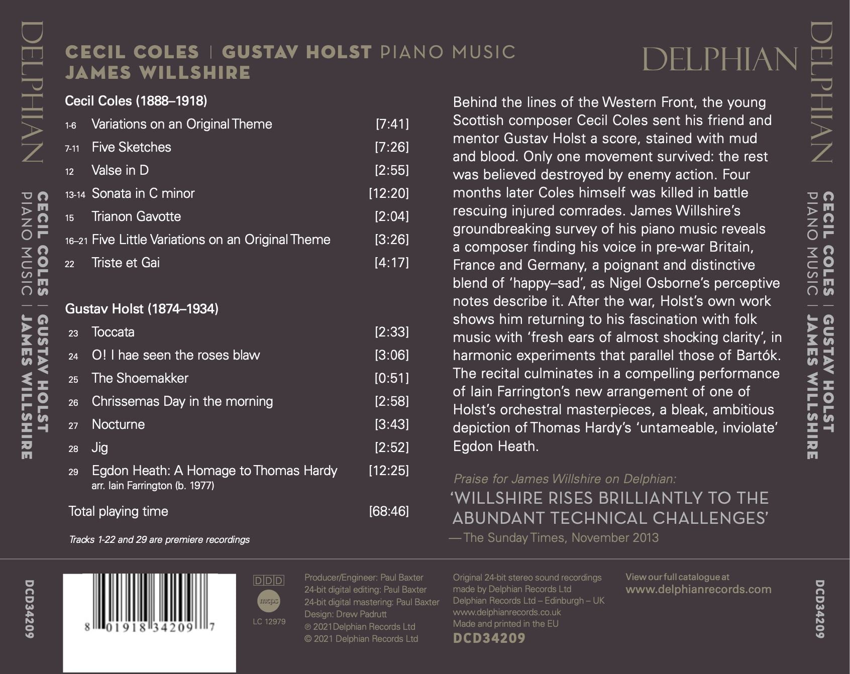 Cecil Coles, Gustav Holst: Piano Music Delphian Records