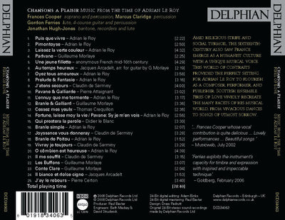 Chansons à plaisir: music from the time of Adrian Le Roy CD Delphian Records
