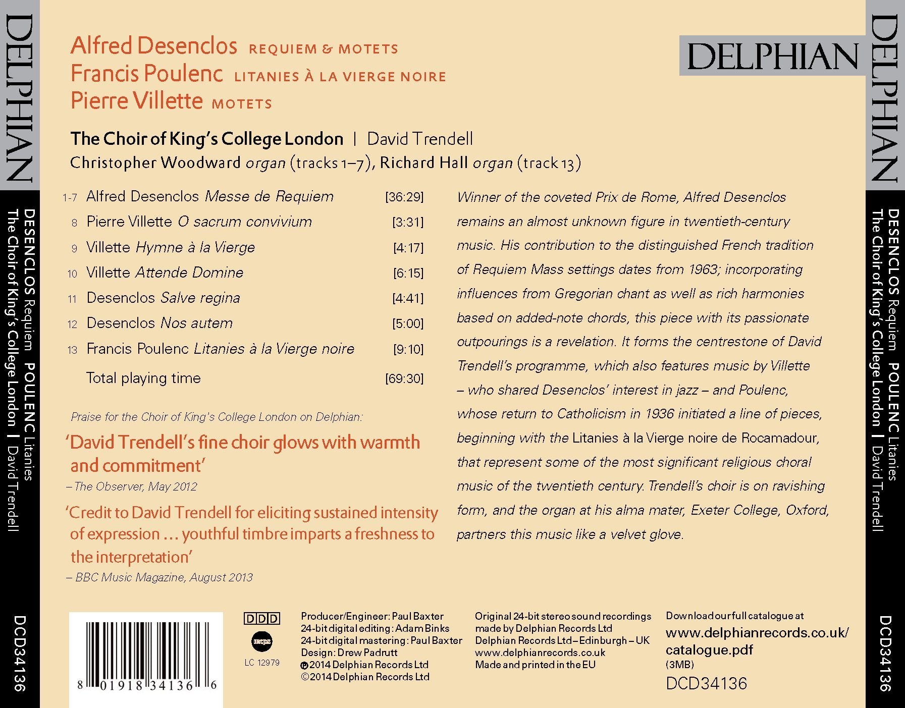 Desenclos/Poulenc/Villette: Requiem; Motets; Litanies à la Vierge noire CD Delphian Records