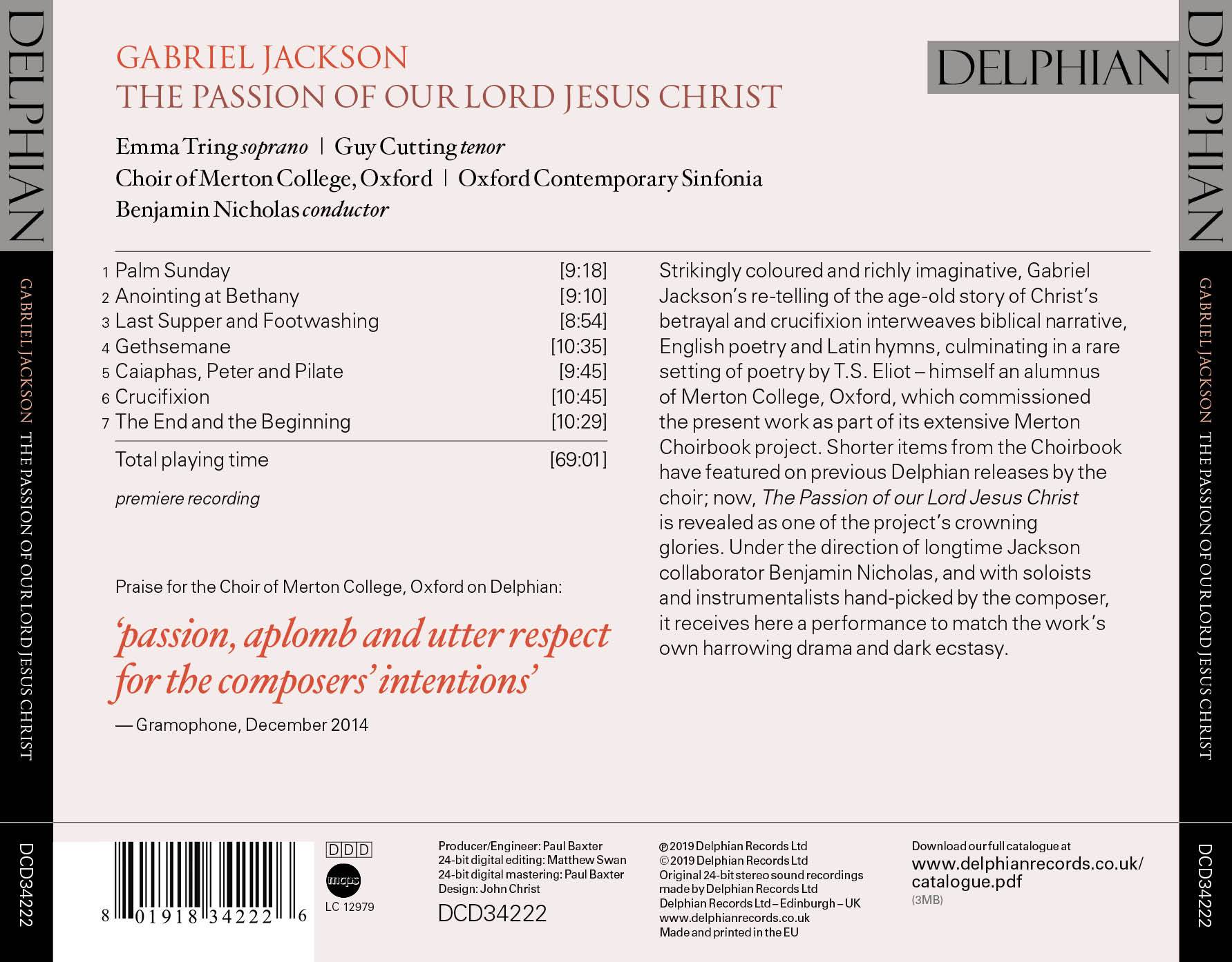 Gabriel Jackson: The Passion of our Lord Jesus Christ CD Delphian Records