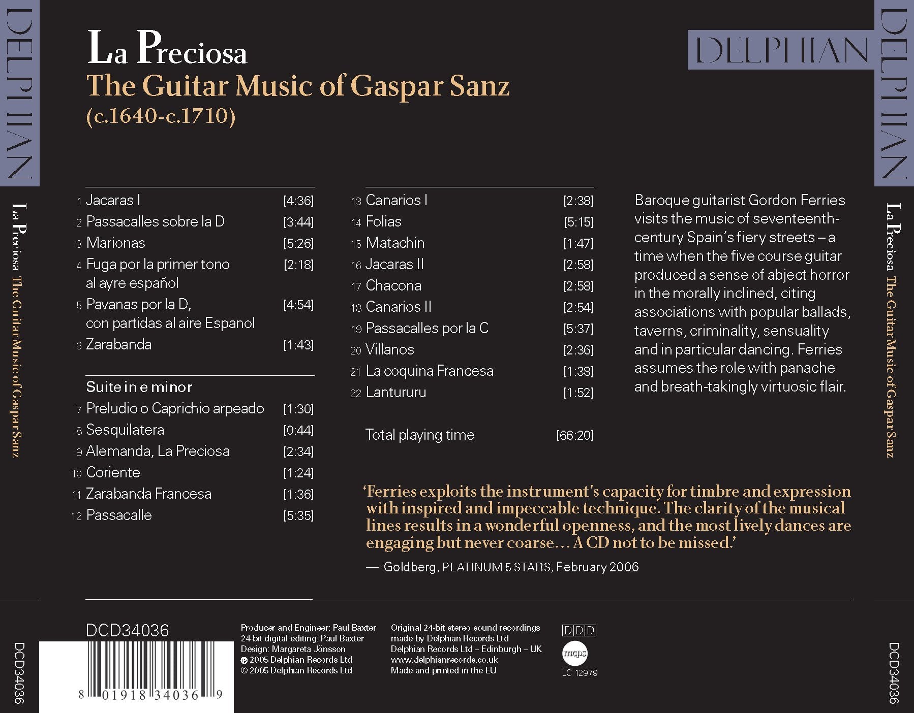 Gaspar Sanz: La Preciosa CD Delphian Records
