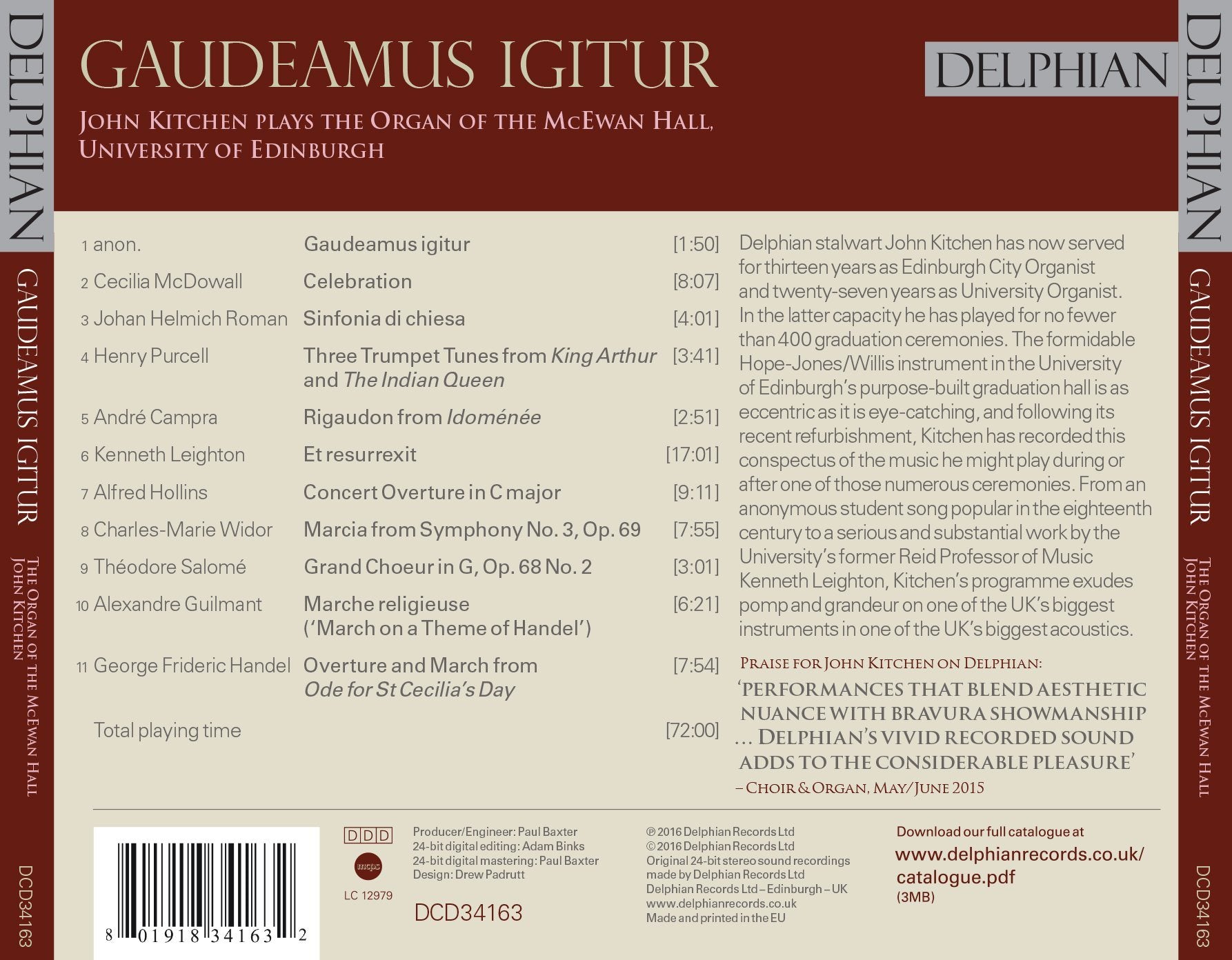 Gaudeamus Igitur: The Organ of the McEwan Hall CD Delphian Records