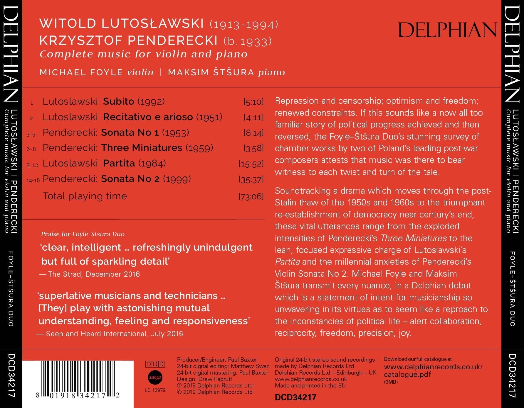 Lutuslawski | Penderecki: Complete Music for Violin and Piano CD Delphian Records