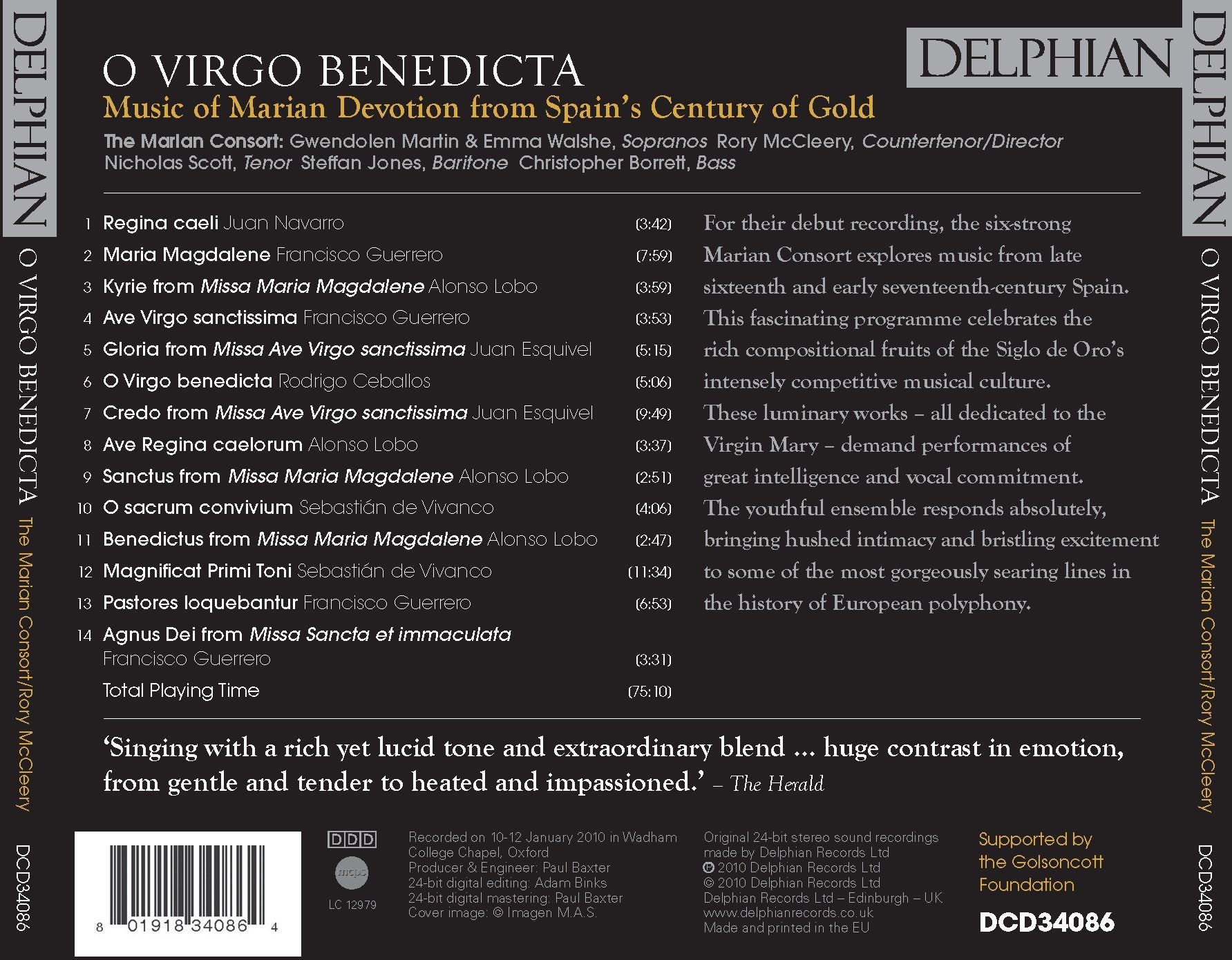 O Virgo Benedicta: Music of Marian Devotion from Spain’s Century of Gold CD Delphian Records