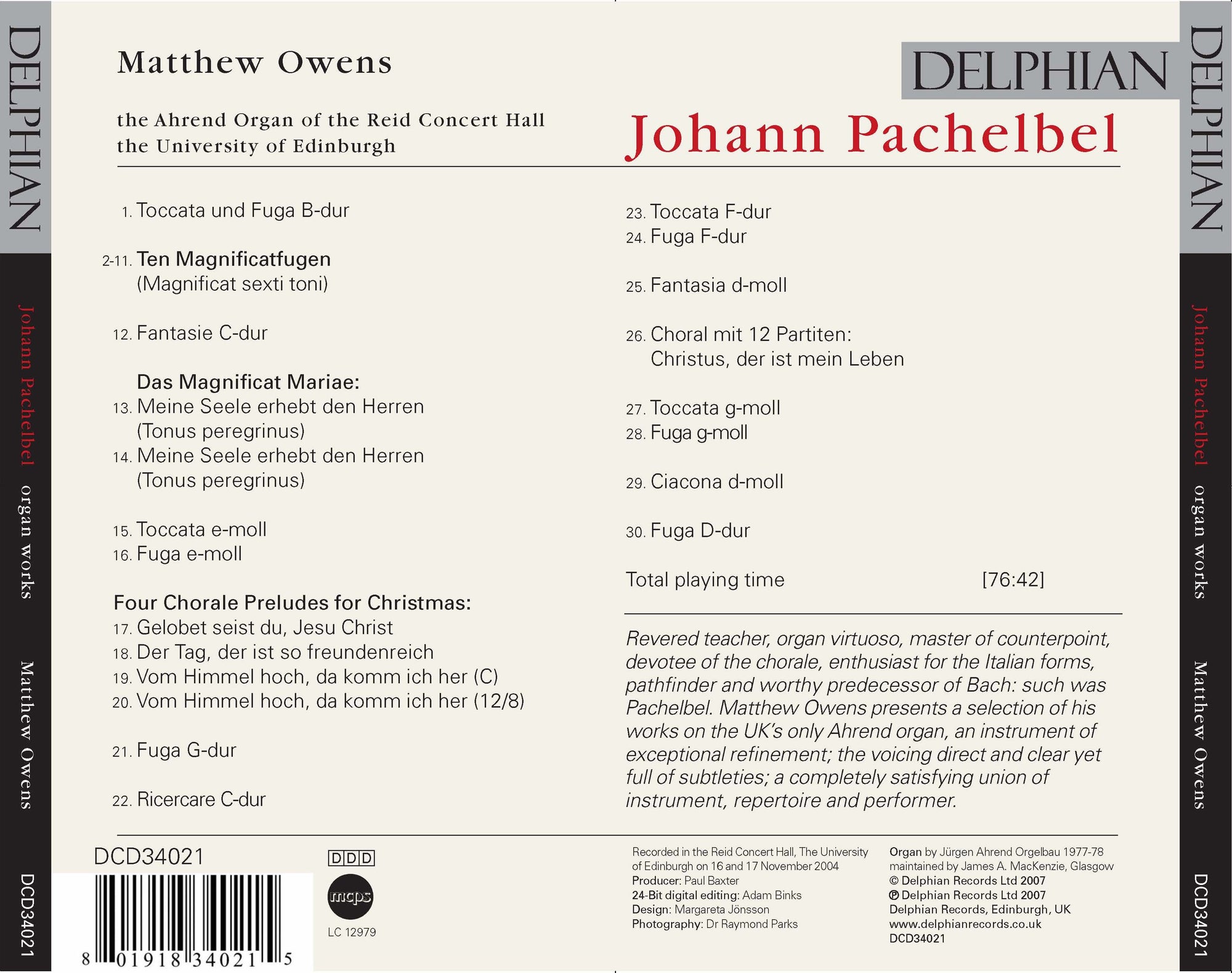 Pachelbel: Organ Works CD Delphian Records
