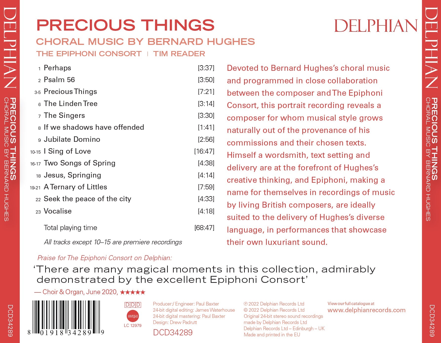 Precious Things: Choral Music by Bernard Hughes CD Delphian Records