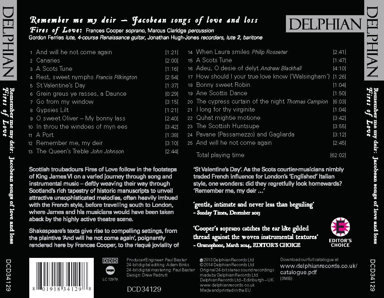 Remember me my deir: Jacobean songs of love and loss CD Delphian Records