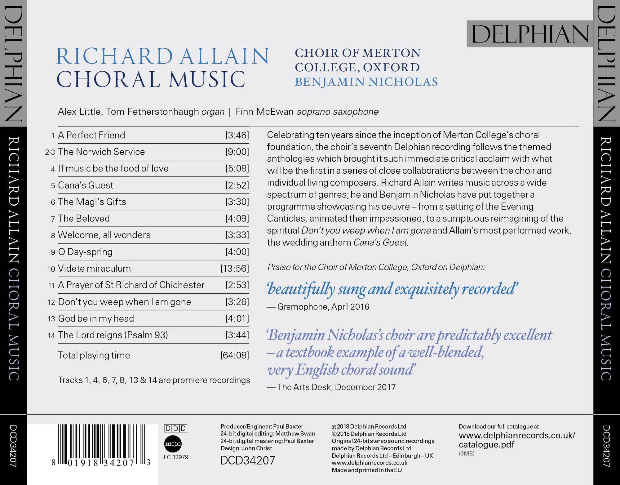 Richard Allain Choral Music CD Delphian Records