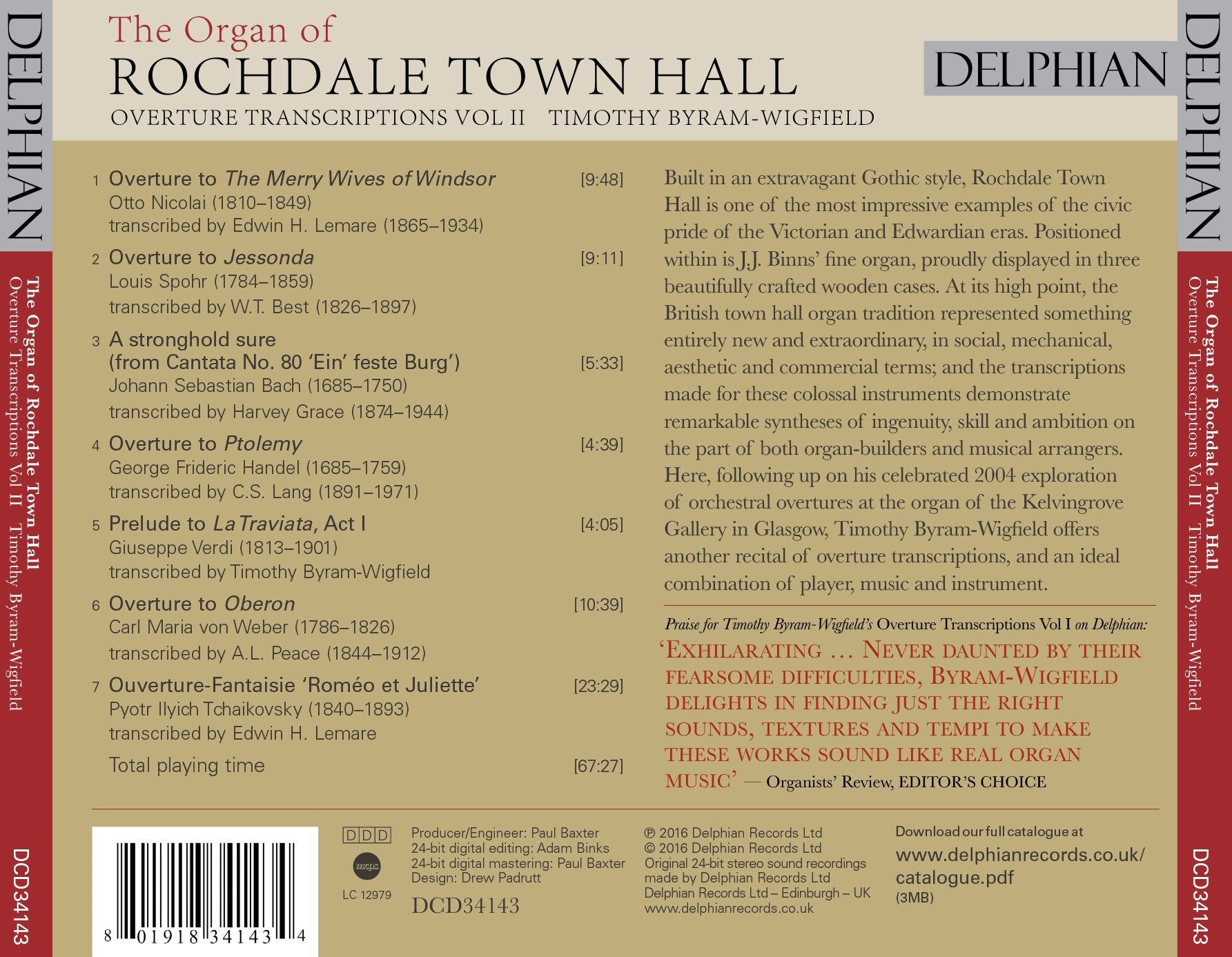 The Organ of Rochdale Town Hall (Overture Transcriptions Vol II) CD Delphian Records