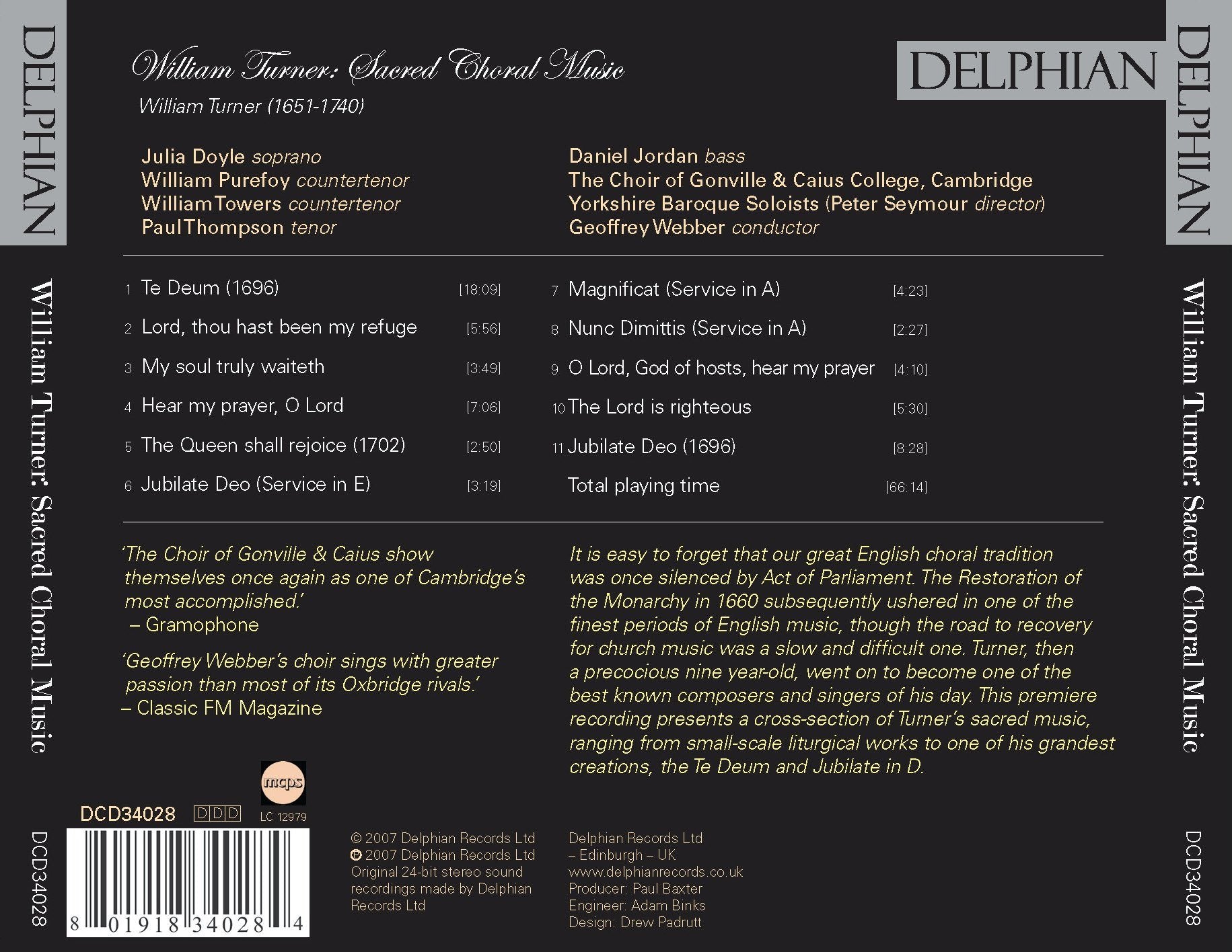 William Turner (1651–1740): Sacred Choral Music CD Delphian Records