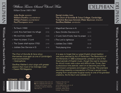 William Turner (1651–1740): Sacred Choral Music CD Delphian Records