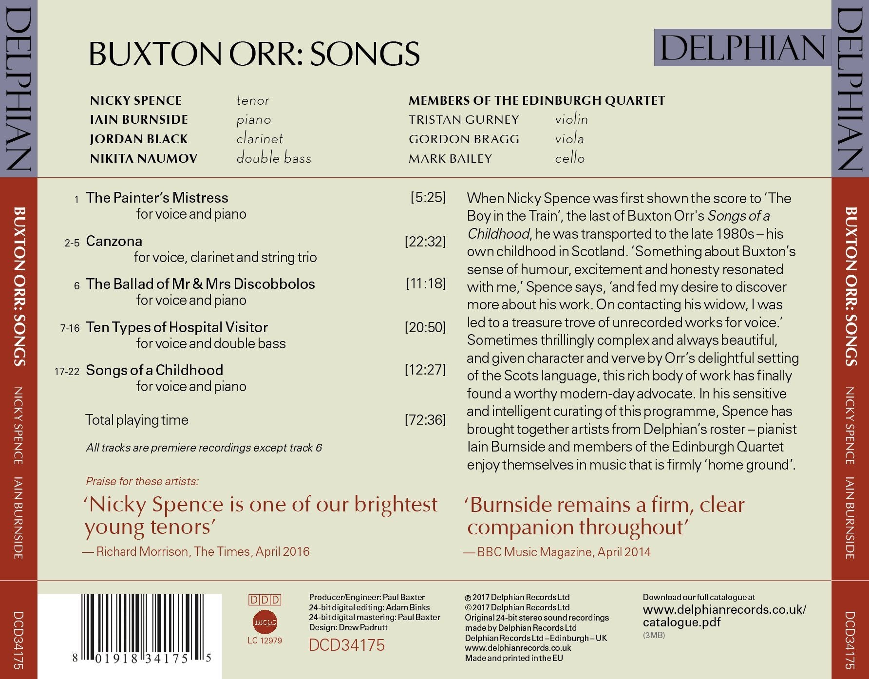 Buxton Orr: Songs CD Delphian Records