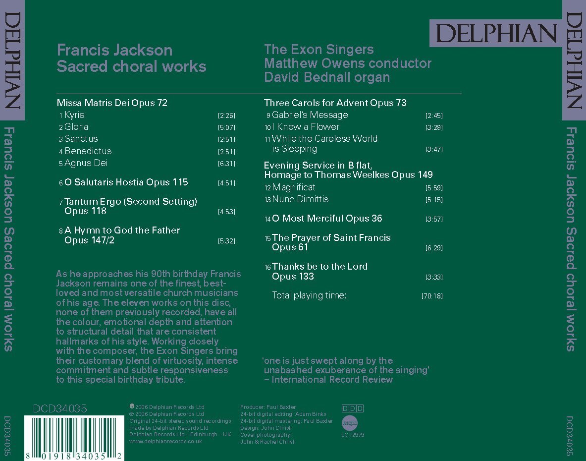 Francis Jackson: Sacred Choral Works CD Delphian Records