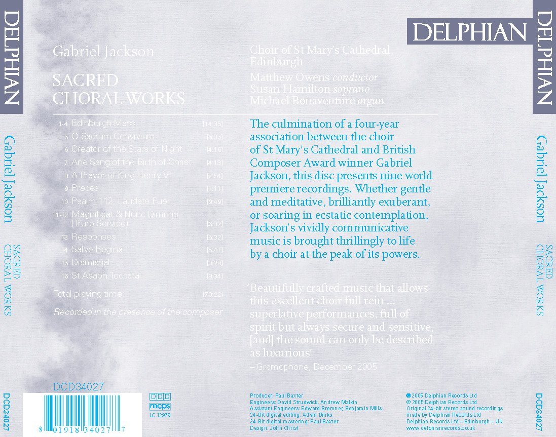 Gabriel Jackson: Sacred Choral Works CD Delphian Records