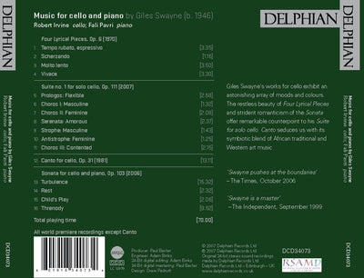 Giles Swayne: Music for cello and piano CD Delphian Records