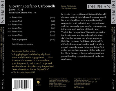 Giovanni Stefano Carbonelli: Sonate da Camera Nos 1–6 CD Delphian Records