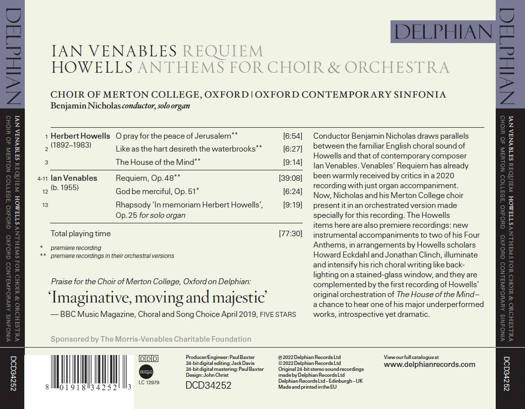 Ian Venables: Requiem | Howells: anthems for choir & orchestra CD Delphian Records