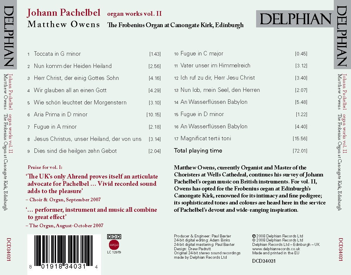 Pachelbel: Organ Works Vol II CD Delphian Records