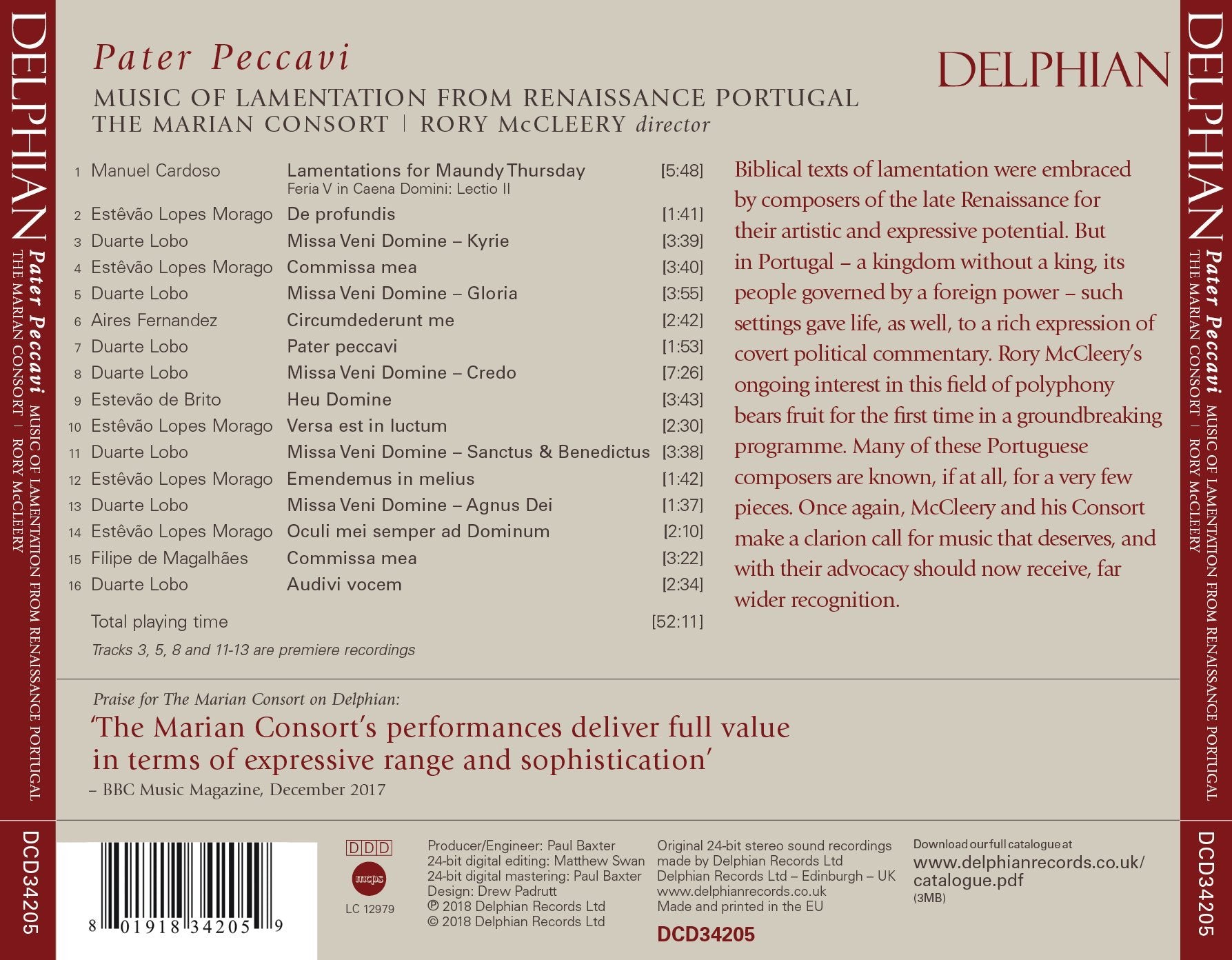 Pater Peccavi: Music of Lamentation from Renaissance Portugal CD Delphian Records