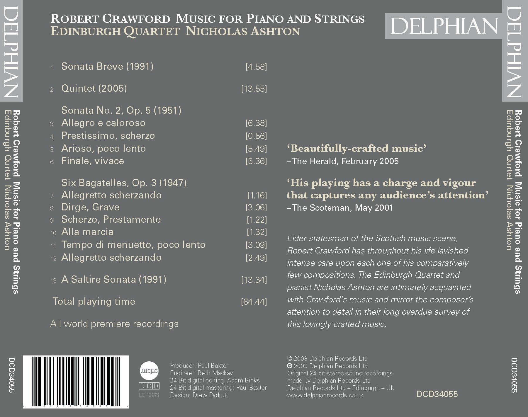 Robert Crawford: Music for solo piano; Piano Quintet CD Delphian Records