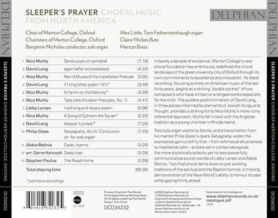 sleeper's prayer: Choral Music from North America CD Delphian Records
