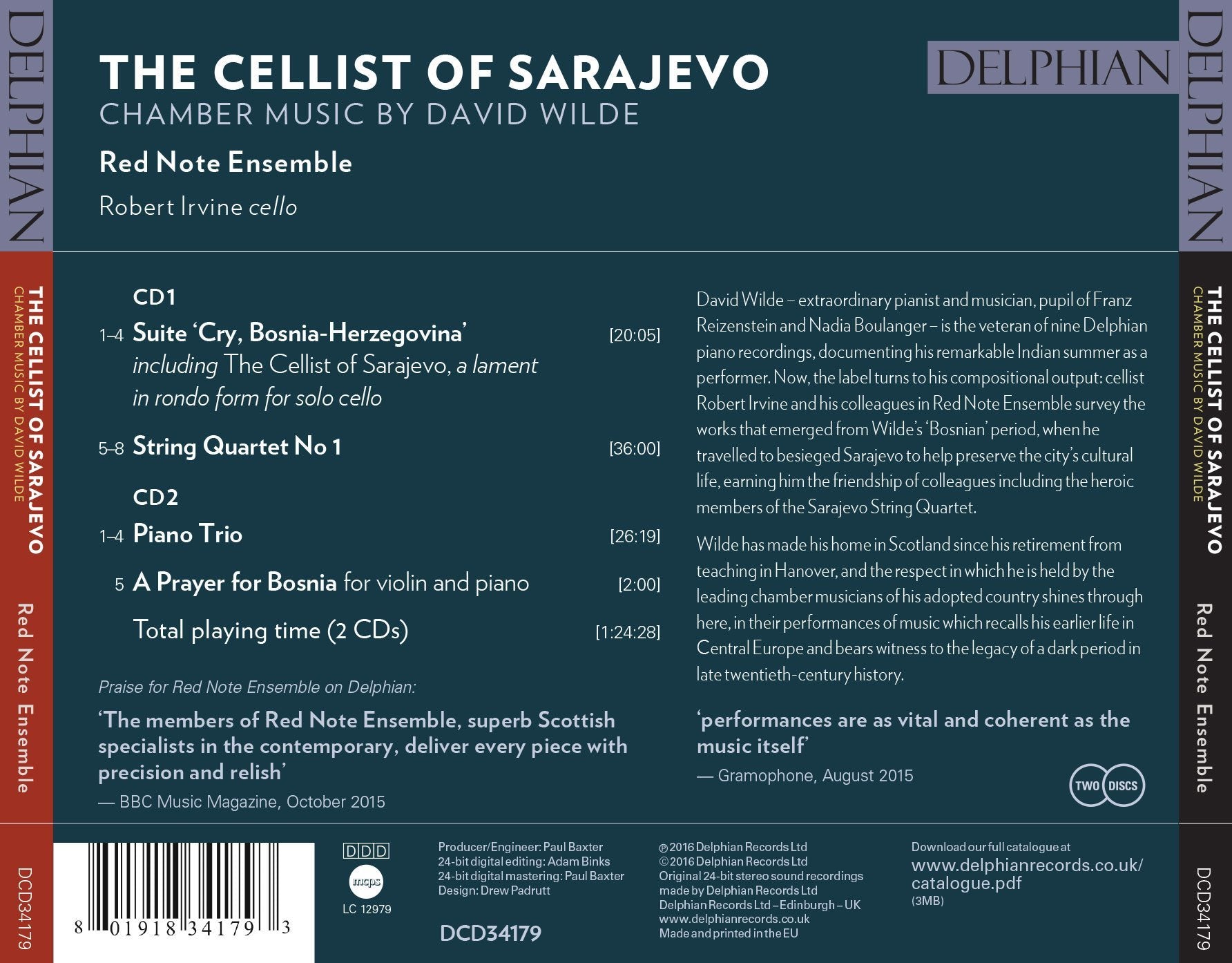 The Cellist of Sarajevo: chamber music by David Wilde CD Delphian Records