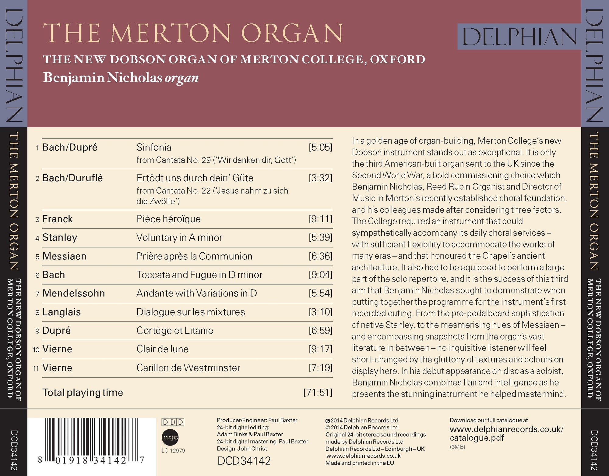 The Merton Organ: the new Dobson organ of Merton College, Oxford CD Delphian Records