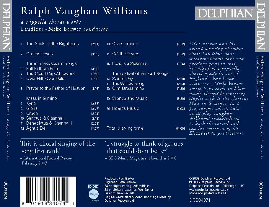 Vaughan Williams: A Cappella Choral Works CD Delphian Records