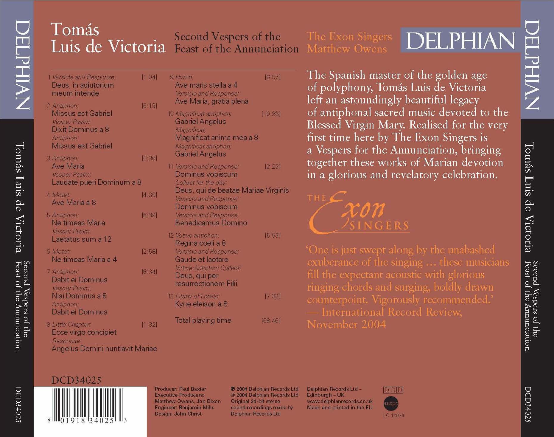 Victoria: Second Vespers of the Feast of the Annunciation CD Delphian Records
