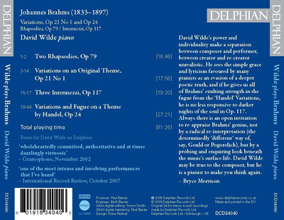 Wilde plays Brahms CD Delphian Records